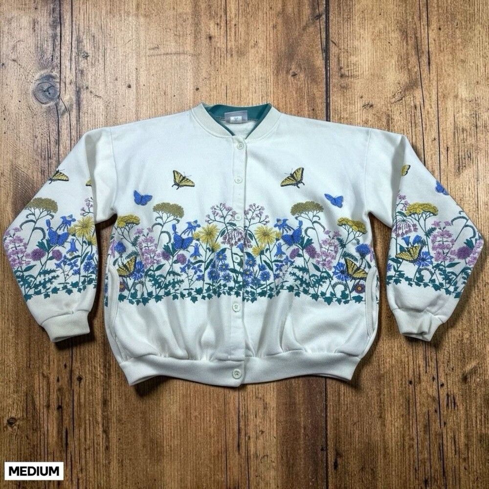 VTG 90s Artisans Sunschein Cardigan Sweater Womens MED Flowers Butterfly Nature
